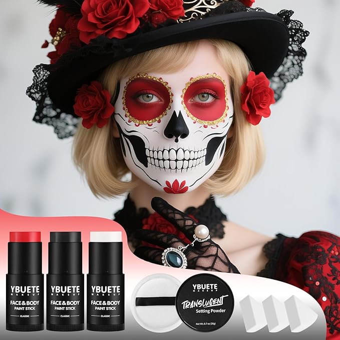 YBUETE Black White Red Face Body Paint Stick Set for Halloween Cosplay SFX