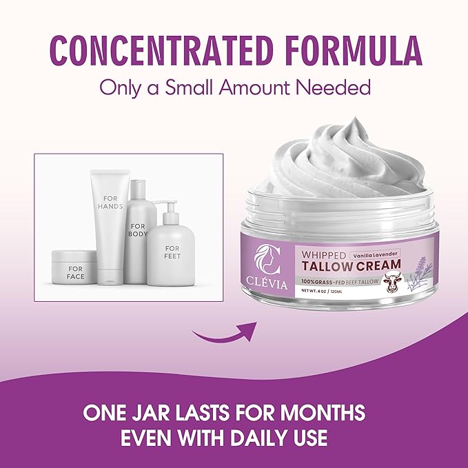 CLÉVIA 100% Grass-Fed Whipped Tallow Cream - 4 OZ Anti-Wrinkle Face and Body Balm with Jojoba Oil Non-Comedogenic - Deep Hydration for Dry, Sensitive and Irritated Skin (Vanilla Lavender)