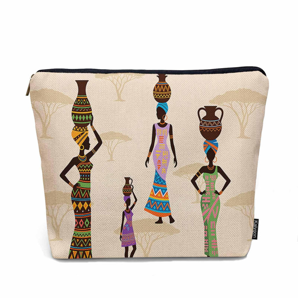 Kalygon African Woman Makeup Bags Makeup Organizer, Black African Women With Vases Flax Toiletry Bags Travel Cosmetic Bag Makeup Purse Pouch Skincare Bag Wallet Bags For Women Female Mom Daughter