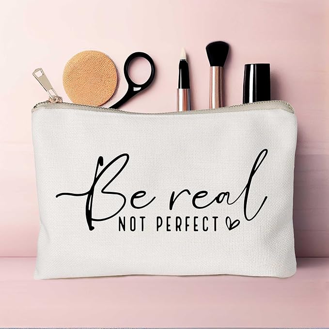 HubbgDesign Be Real Not Perfect Makeup Bag, Inspirational Scripture Quote Cosmetic Case, Travel Toiletry Bag for Women, Positive Self Love Pouch for Sister, Friend, Everyday Use