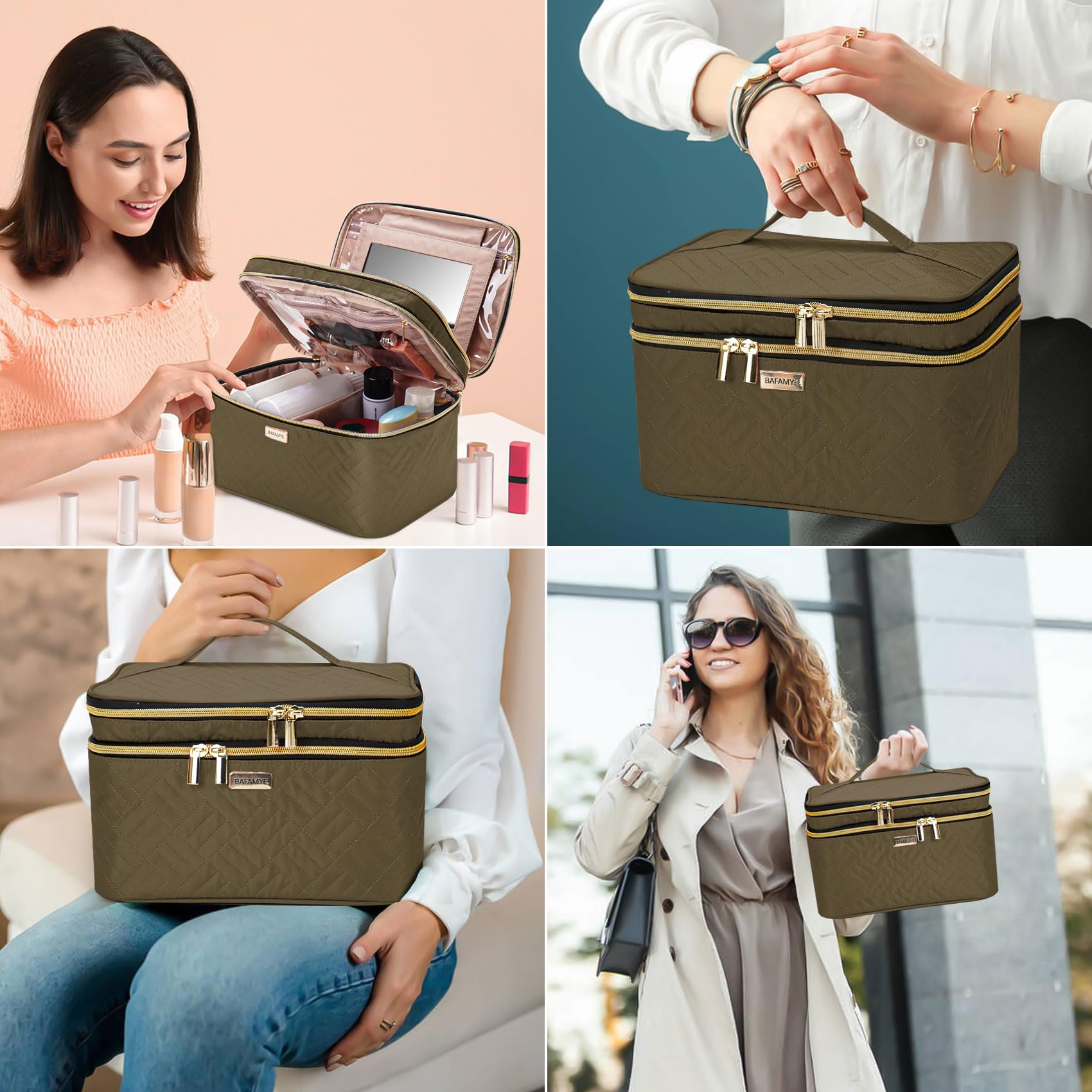 BAFAMYE 8.8L Double Layer Travel Makeup Bag With Mirror For Women, Large Cosmetic Case, Organizer for Travel-Size Accessories Bottles, Brushes,and Skin Care Products, 2.33 GAL, Brown…