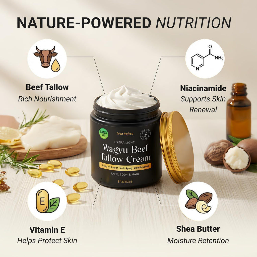 Non-Greasy Beef Tallow for Face Moisturizer Cream & Beef Tallow Lip Balm 5OZ Shea Butter, Vitamin E, Whipped Grass Fed Beef Tallow for Skin, Lotion for Women & Men, Anti-Aging Face Moisturizer