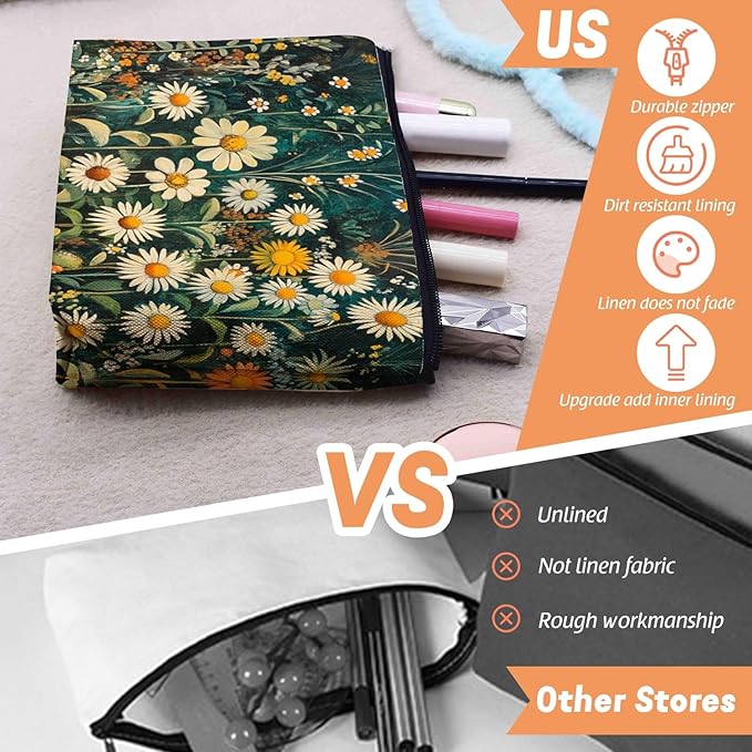 Scribesense Cosmetic Bags Travel Makeup Toilet Case Waterproof Pouch for Women Girls 6.7X9.45inches - White Daisies And Yellow Marigolds in Wild