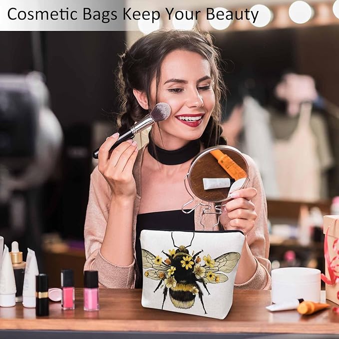Kalygon Women Makeup Organizer Bag Bumblebee Bumblebee Honey Bee Sunflowers Yellow Flax Cosmetic Bag Makeup Bags Toiletry Bag Accessories Organizer Travel Bags For Home Bathroom Office Hotel Gym