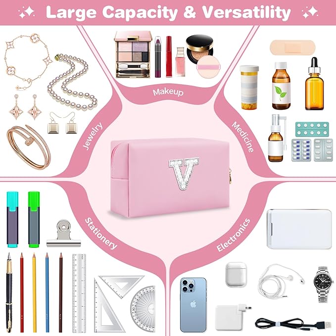 ChaoGreat Bride Gifts – Personalized Initial Makeup Bag with Pearl Rhinestone Patch, Preppy Pink Monogram Cosmetic/Toiletry Pouch, bridesmaid Gifts, Bridal Shower Gifts, Wedding Gifts, Bridal Gifts,V
