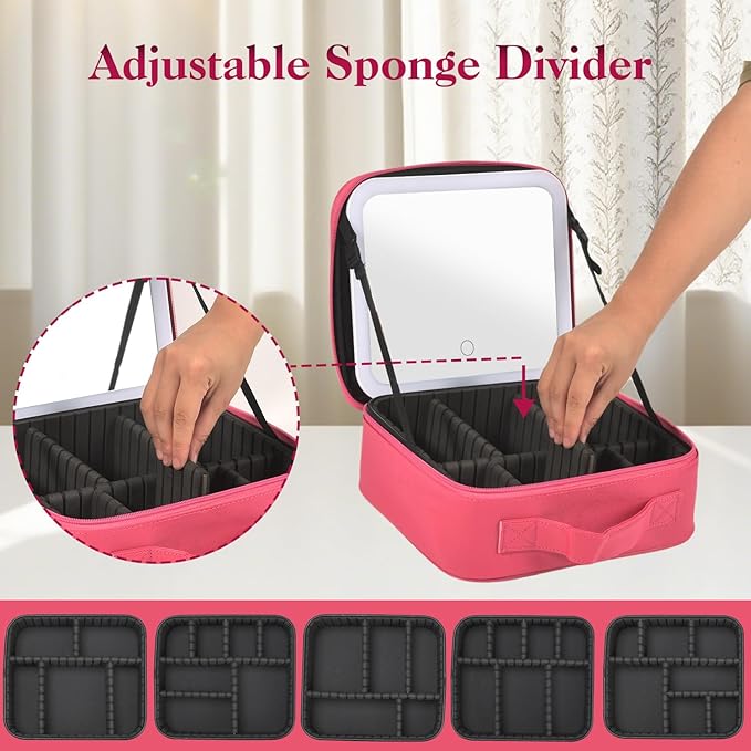 Yaliang Travel Makeup Bag with Mirror & 6 Adjustable EVA Dividers, Rose Red