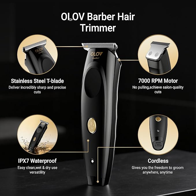 OLOV barber Hair Trimmer for Men, Cordless T-Blade Beard Trimmer, Professional Rechargeable Hair Clippers for Hair Cutting