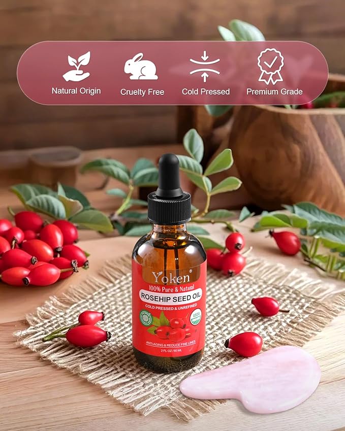 Yoken Organic Rosehip Seed Oil for Face, Skin & Hair, Cold Pressed, 2 fl oz