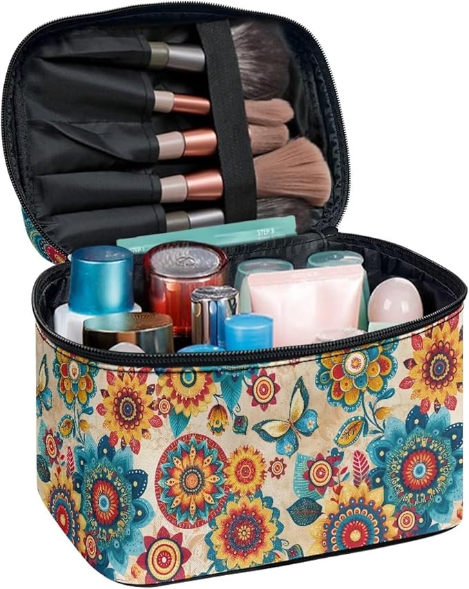 Drydeepin Boho Style Mandala Butterfly Pattern Travel Makeup Bags for Women Portable Tote Cosmetic Case with Carry Handle Toiletry Accessories Storage Organizer Bags