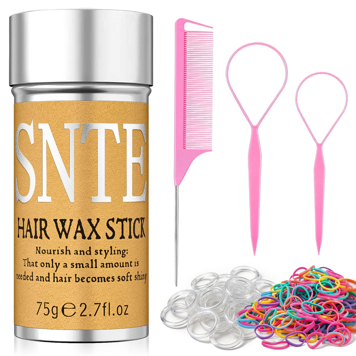 Hair Wax Stick, Hair Ties Set - Frizz Control, Smooth Flyaways, French Braid - 500 Clear Elastics & 500 Colorful Rubber Bands - Styling Accessories for Girls, Kids Daily Hairstyle DIY