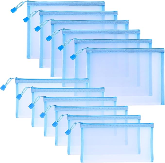 Sinzip 12 Pieces Zipper Nylon Mesh Pouch, Mesh Cosmetic Bags Makeup Bags Pencil Case, Multipurpose Travel Bags for Cosmetic School Office Supplies and Travel Accessories (Sky Blue, A5+B6)
