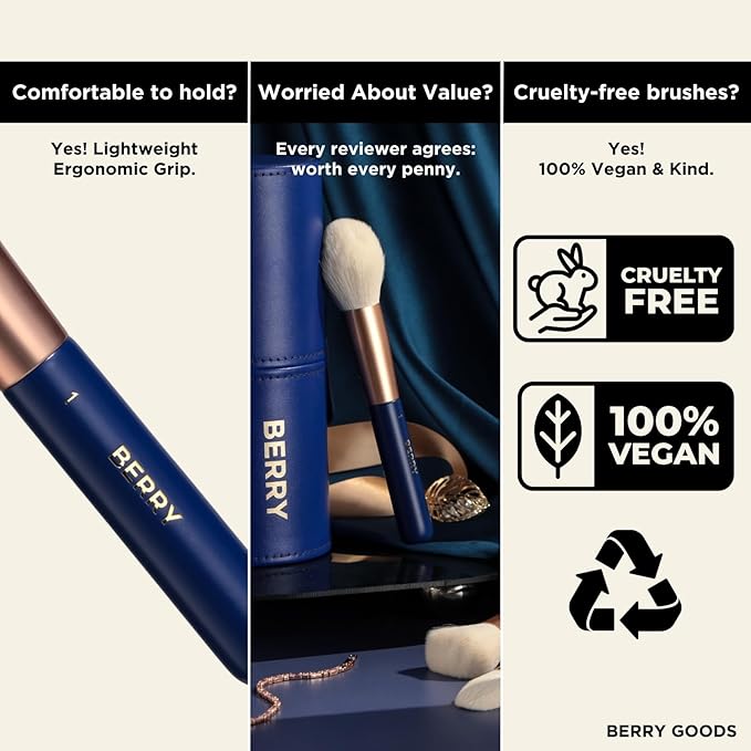 BERRY GOODS Vegan Makeup Brush Set, 12 Brushes with Travel Case, Blue