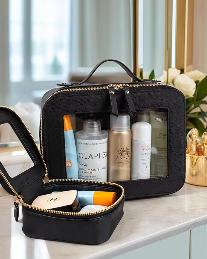LETGO 2 Pack Clear Travel Toiletry Bag for Women,Large & Mini Waterproof PU TSA Approved Cosmetic Pouches,Portable Beach Vacation Makeup Organizer Set,See Through Skincare Sunscreen Bags for Women