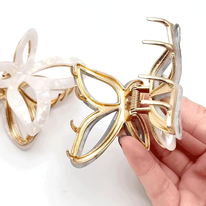 Solilayx Metal Butterfly Hair Clips for Women -White & Grey Marble Pattern Fashion Decorative Hair Clips, Cute Hair Accessories for Girls, 2 Pack