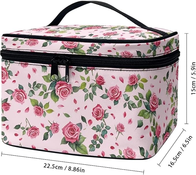 Drydeepin Rose Hearts Valentine's Day Print Travel Makeup Bags for Women Portable Tote Cosmetic Case with Carry Handle Toiletry Accessories Storage Organizer Bags