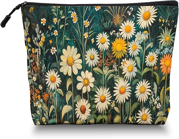 Scribesense Cosmetic Bags Travel Makeup Toilet Case Waterproof Pouch for Women Girls 6.7X9.45inches - White Daisies And Yellow Marigolds in Wild