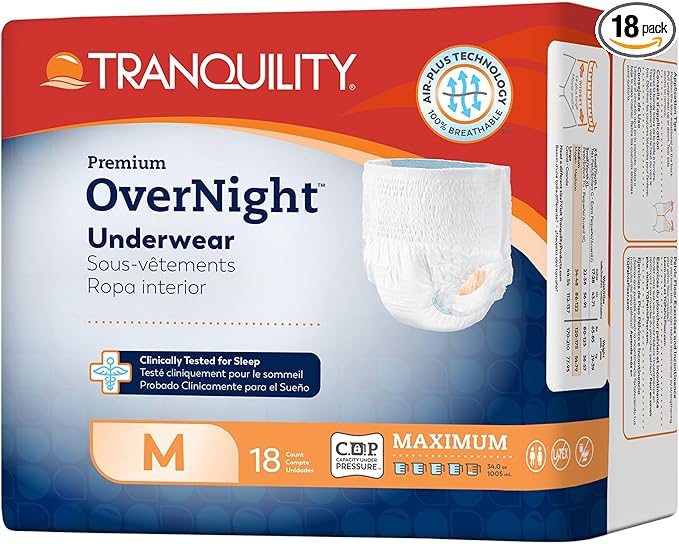 Tranquility Overnight Absorbent Underwear, M, Maximum, 48 in, 18 ct