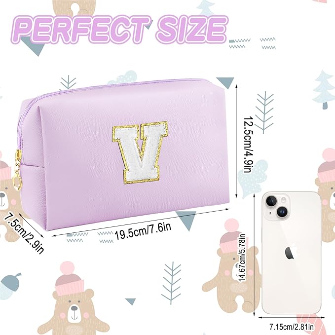 URSKYTOUS Gifts for Girls Initial Makeup Bag Personalized Cosmetic Bag with Zipper Cute Travel Toiletry Bag Waterproof PU Preppy Makeup Pouch Birthday Gift for Teen Girls Women(Purple V)
