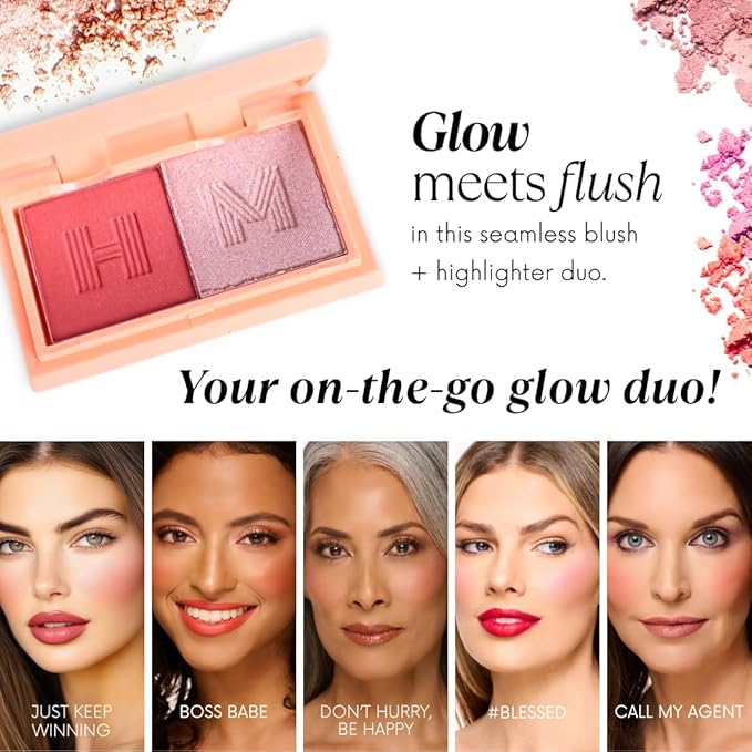 Haute Minute Makeup Blush + Brighten Highlighter Duo, Mini Lightweight Blendable Shimmer Blush, High Pigmented Makeup Powder Palettes, Cruelty Free - BoSS Babe