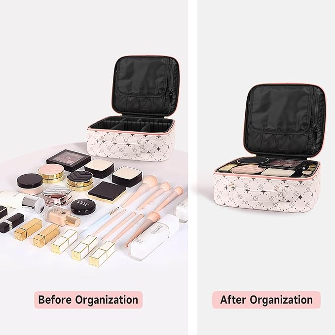 M Y U R E N Travel Makeup Bag,Waterproof Cosmetic Organizer, Adjustable Dividers,Portability Cosmetic Train Case,Makeup organizer,Gift for Women,Girls Gift (Beige+Pink)