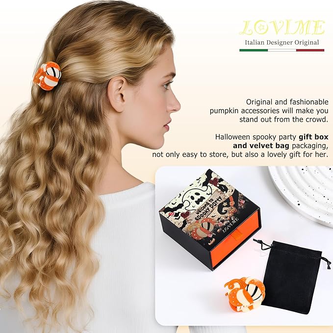 Small Halloween Hair Clips for Women Rhinestone Pumpkin Acetate Claw Clip