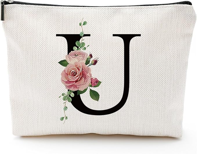 Comanro Initial A-Z Personalized Letter Makeup Bag, Monogrammed Bridesmaid Gifts Presents Cosmetic Bag, Portable Stationery Storage Organizer Pouch, Friendship Love Travel Makeup Bags