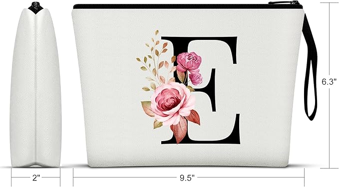 Vavabox A-Z Personalized Makeup Bag, Birthday Gifts for Women Mom, Gifts for Best Friend, Bride Bridesmaid Cosmetic bag (E, 01-White)