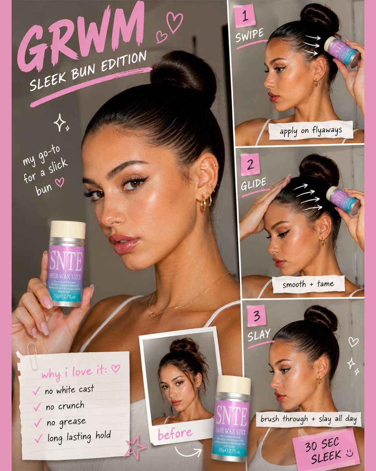 Hair Wax Stick, Slick Back Hair Brush - Tame Frizz, Flyaways Control