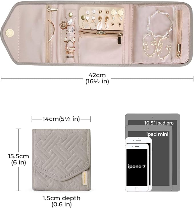 BAGSMART Travel Jewelry Organizer Case Foldable Jewelry Roll,Warm Gray