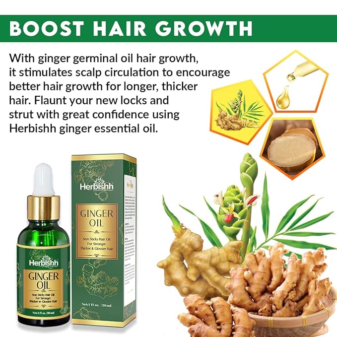Herbishh Ginger Essential Oil For Hair Growth 30ml Each Pack Of 2, Non Sticky, Ginger Hair Growth Serum Oil For Thicker, Strong and Glossier, Ginger Oil for Hair with Dropper