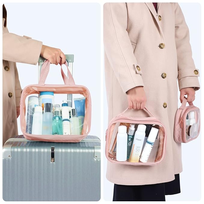 PACKISM Clear Makeup Bag Travel - TSA Approved Toiletry Bag, 3 Pack Pink