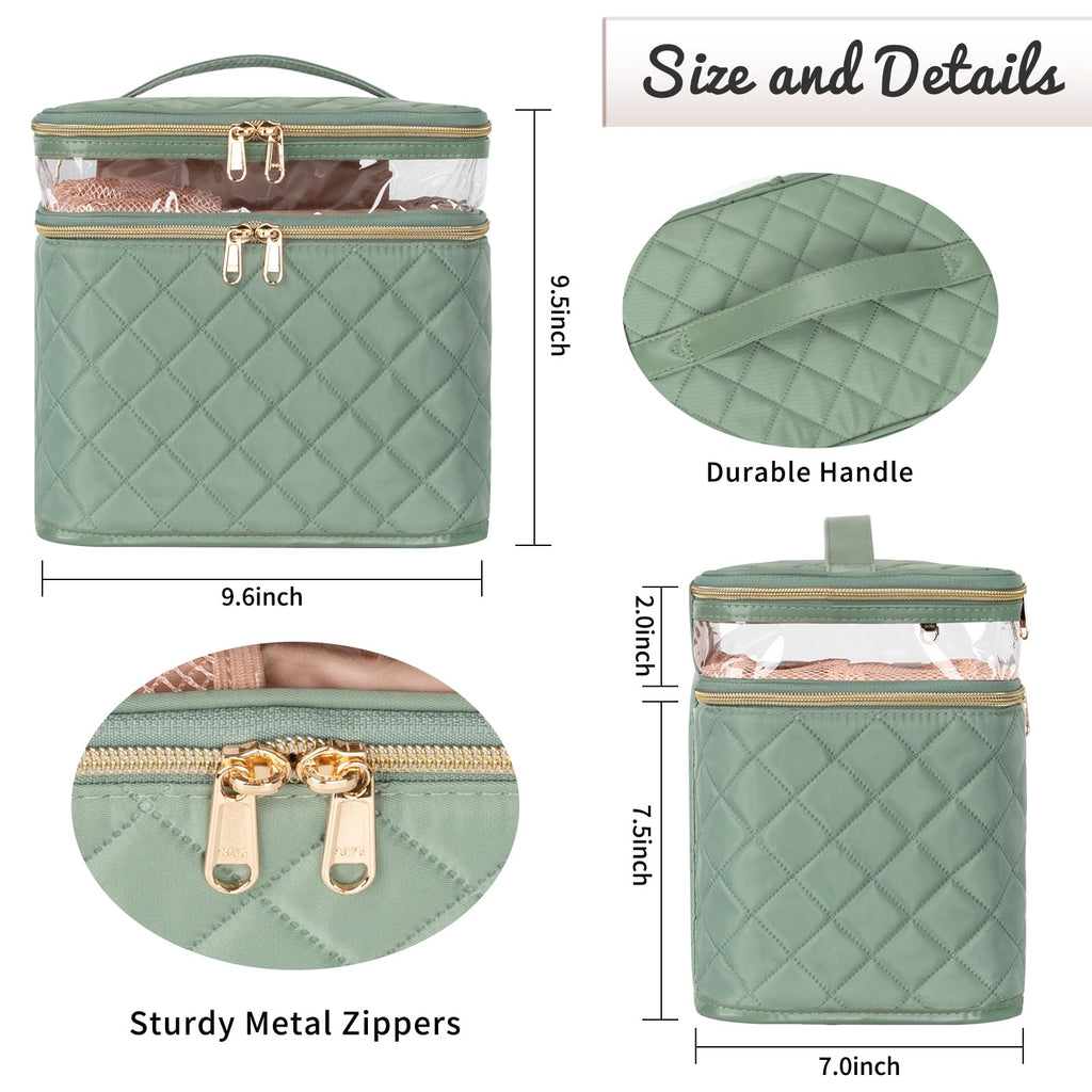 OCHEAL Large Makeup Bag, Double Layer Makeup Bag, Vertical Storage Cosmetic Case for Women/Girls with Multiple Compartments-Green