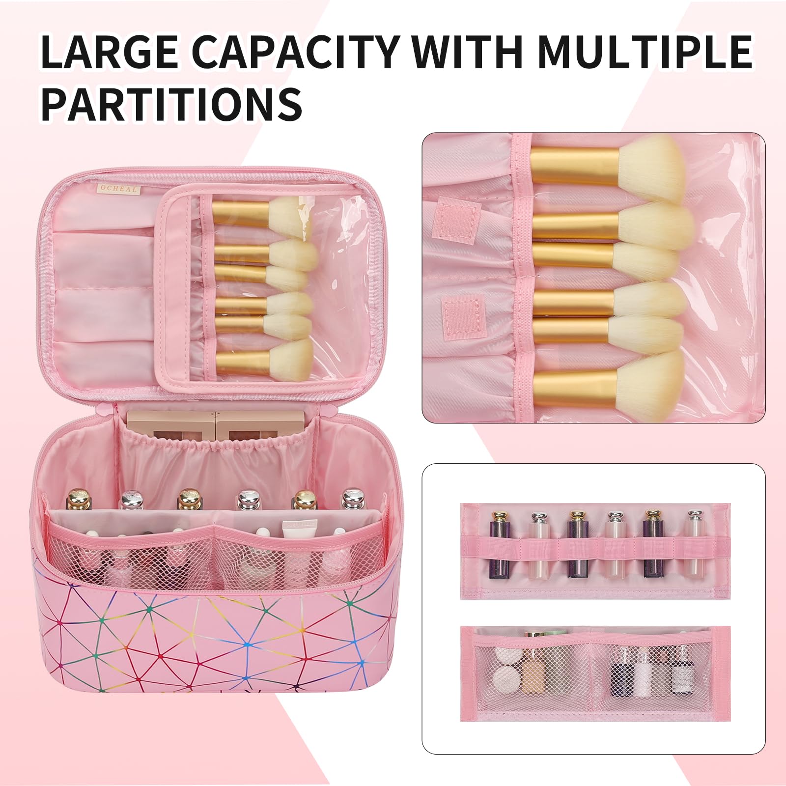 OCHEAL Makeup Bag - Portable Large Capacity Travel Cosmetic Case for Women with Handle and Divider Toiletry Organizer for Girls on the Go -Geometric Pink