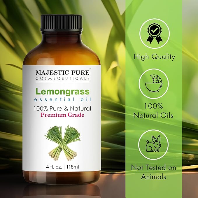 Majestic Pure Essential Oil with Glass Dropper - 100% Pure and Natural - Essential Oils for Diffuser, Aromatherapy, Soap and Candle Making, Lemongrass Essential Oil, Lemongrass Oil, 4 Fl Oz