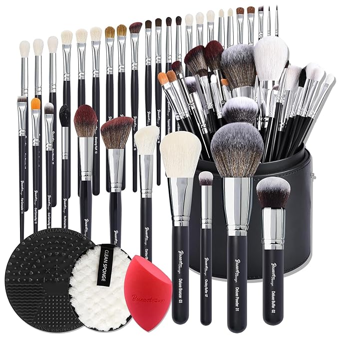 Bueart Design 34Pcs PRO Deluxe Real Goat Hair Horse Hair Makeup Brushes Set