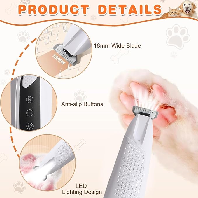 JNEKWOZ Professional Dog & Cat Trimmer - Quiet Electric Pet Grooming Kit for Ears/Eyes/Paws with LED Light - Cordless Battery-Powered Fur & Nail Clipper for Small/Large Breeds(White)