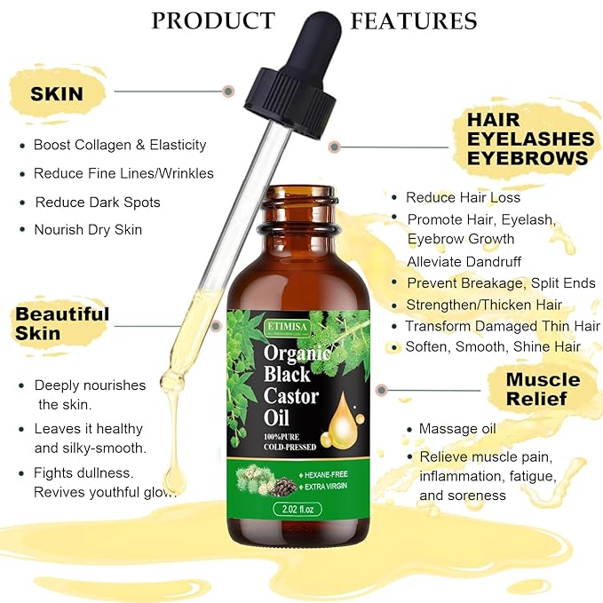 Etimisa Organic Black Castor Oil,100% Pure Natural,Cold Pressed, Glass Bottles, Hair,Eyebrow Care, Skin Care, Castor Oil for Body & Carrier Oil