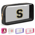Mini Clear Personalized Initial Makeup Bag,Nylon Preppy A-Z Chenille Letter Patch Zipper Cosmetic Bag, Small Cute Beach Pouch Travel Purse Sanitary Napkin Storage Bag for Women Girls(White-Pink S)