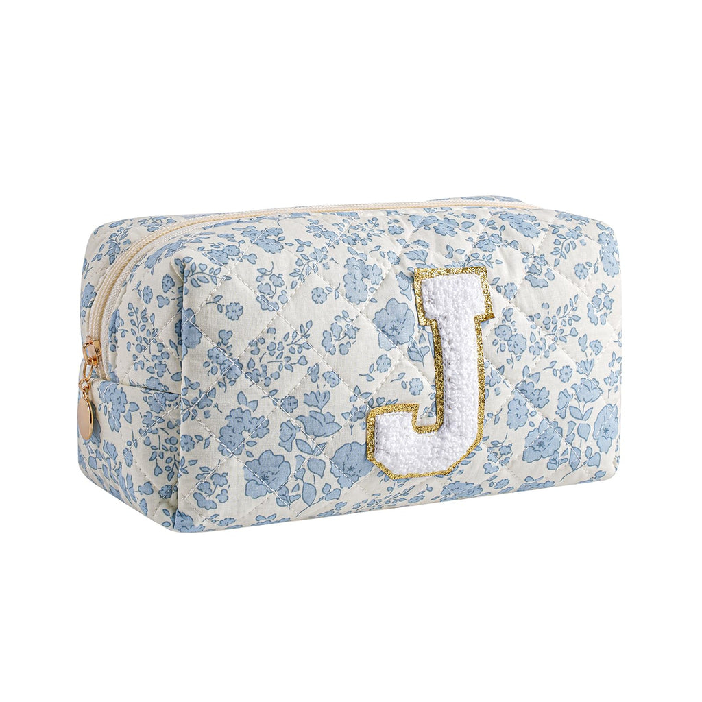 Gleyemor Personalized Initial Makeup Bag for Women, Cute Quilted Blue Floral Cotton Cosmetic Bag, Christmas Gifts for Her Mom Friend Sister Bridesmaid Teacher Women J
