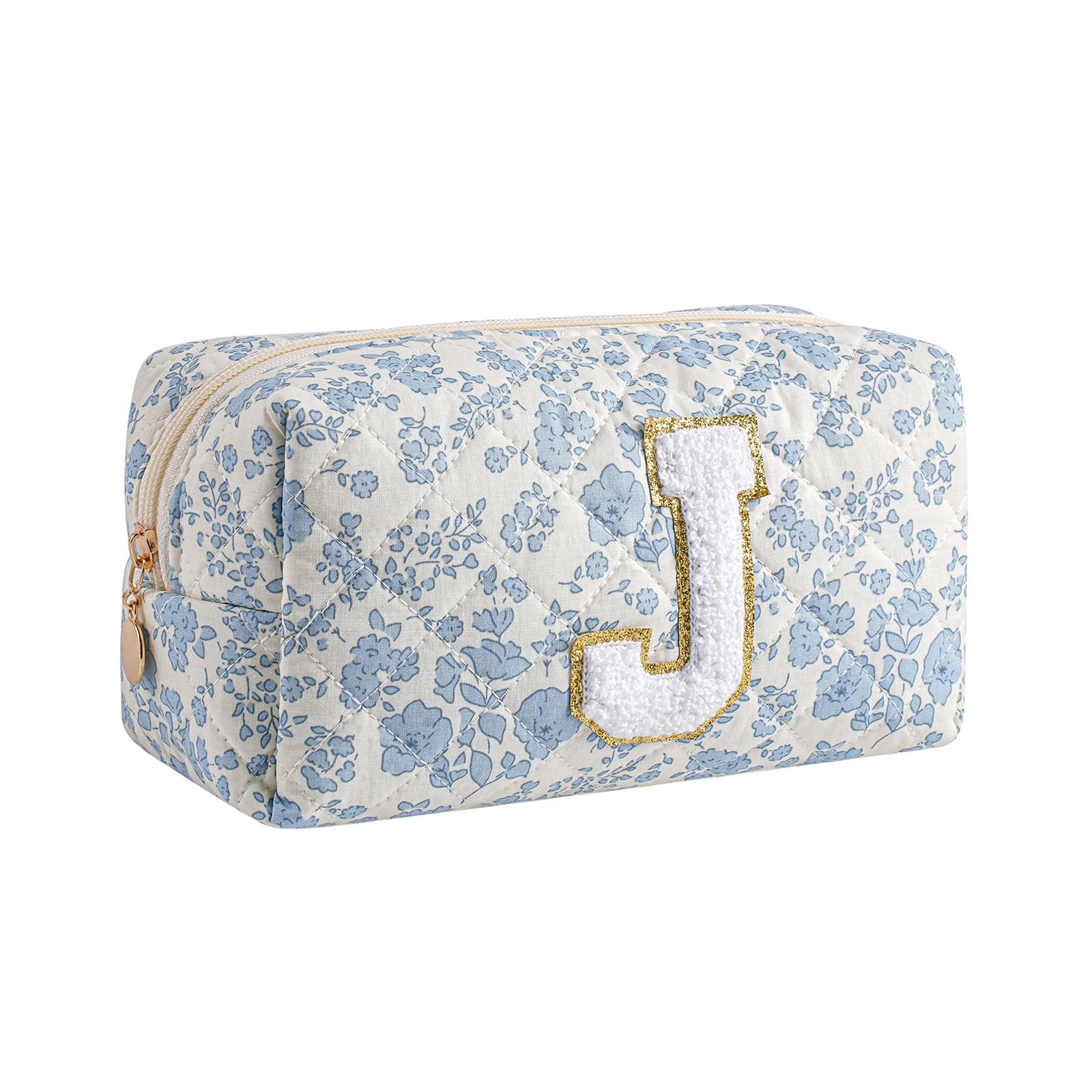 Gleyemor Personalized Initial Makeup Bag for Women, Cute Quilted Blue Floral Cotton Cosmetic Bag, Christmas Gifts for Her Mom Friend Sister Bridesmaid Teacher Women J