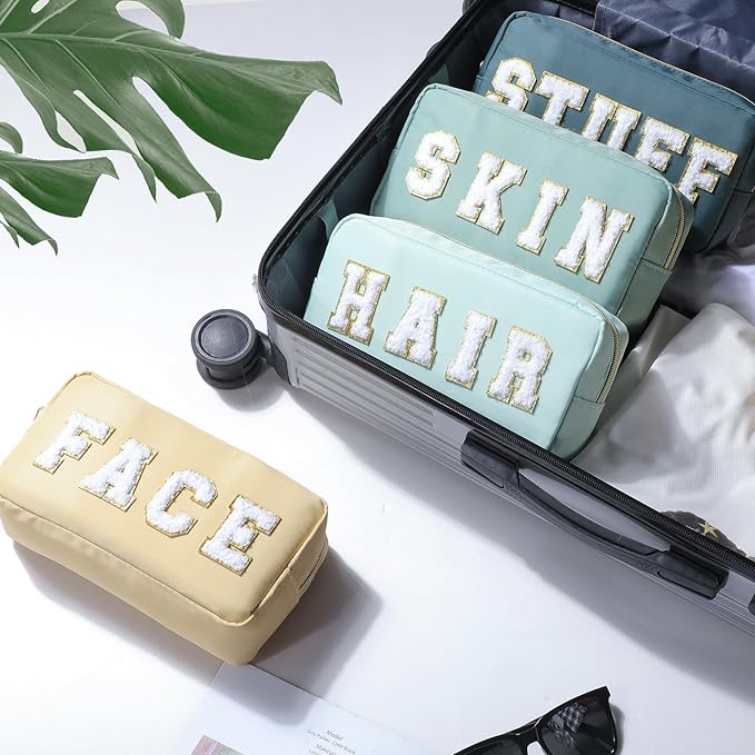Cunno Preppy Makeup Bags Chenille Letter Stuff Bag Nylon Cosmetic Pouch Cases with Zipper for Women Travel Toiletry(Mint Color,Classic,4 Pcs)