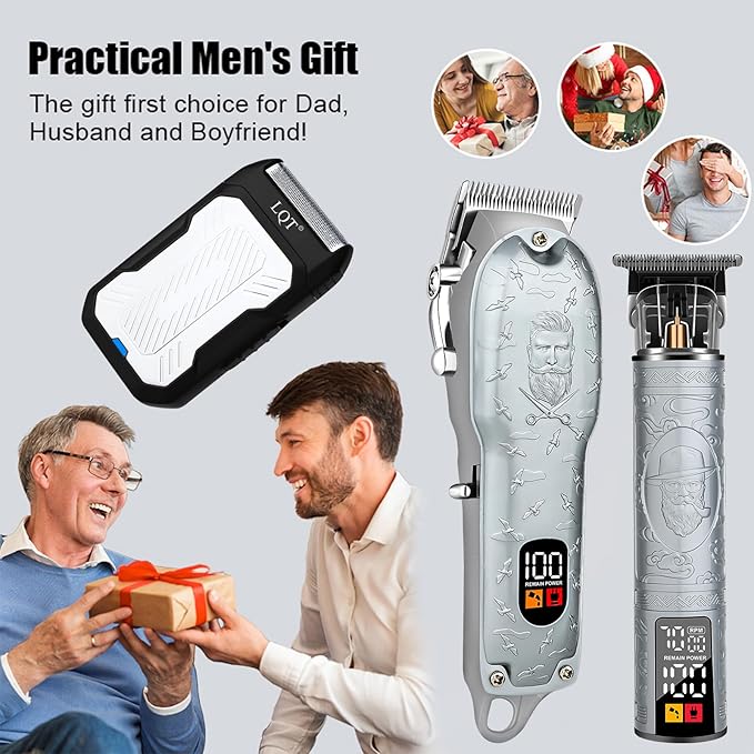 LQT Professional Hair Clippers for Men, Cordless T-Blade Beard Trimmer Kit, LED Display,Long Battery Life, Rechargeable Electric Hair Cutting Machine for Home & Barber, Best Gift for Holidays (Silver)