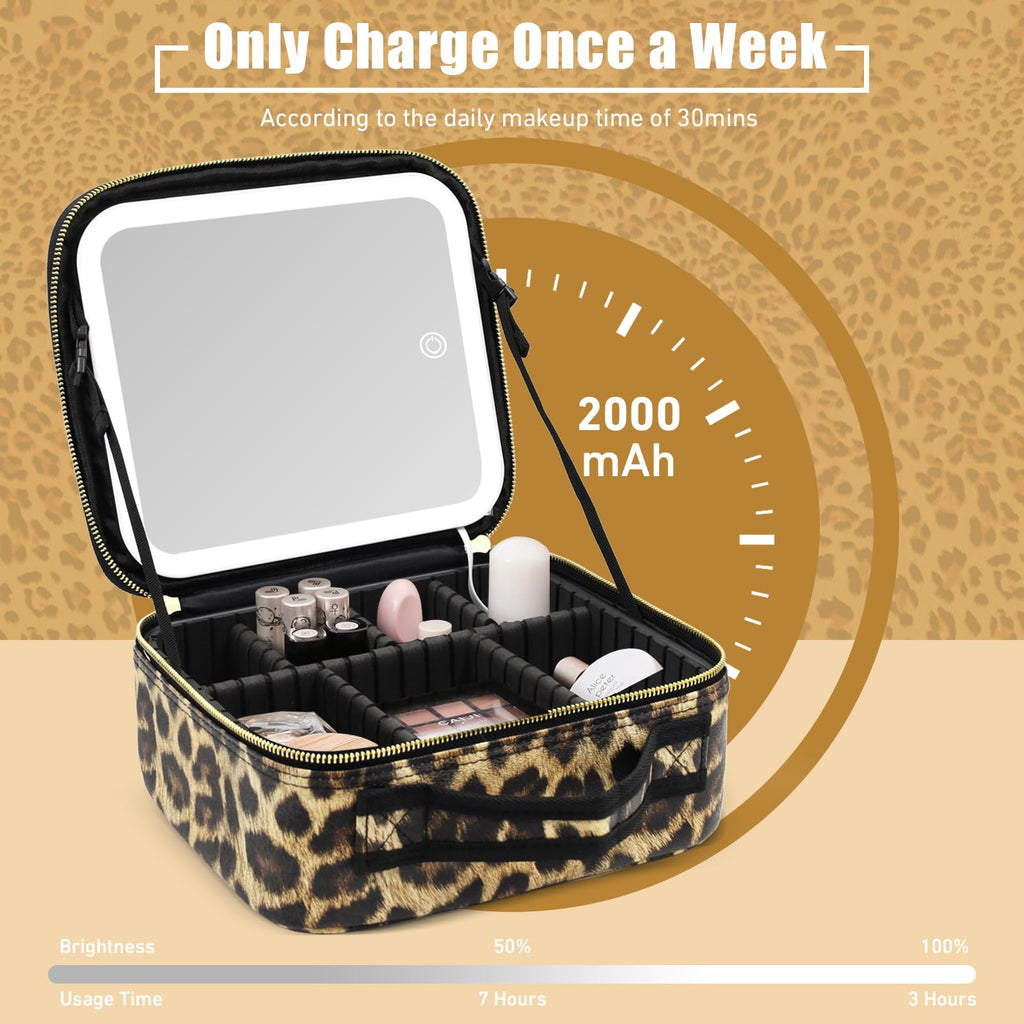 Jadazror Makeup Bag with Light Up Mirror, Lighted Travel Makeup Organizer 3 Colors Adjustable Brightness, Makeup Bag with Mirror and Light, Travel Train Case Portable Cosmetic Bag for Women(Leopard)