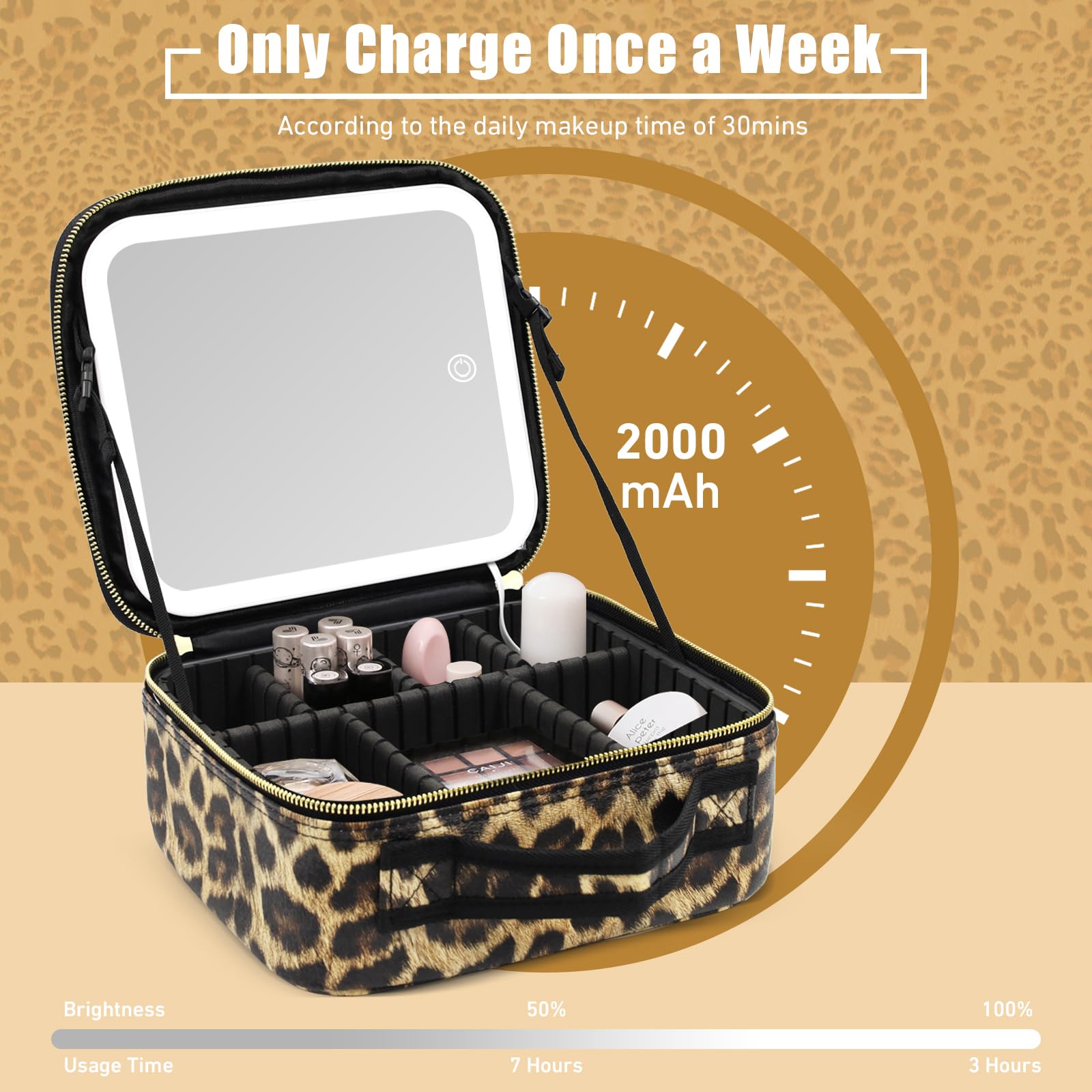 Jadazror Makeup Bag with Light Up Mirror, Lighted Travel Makeup Organizer 3 Colors Adjustable Brightness, Makeup Bag with Mirror and Light, Travel Train Case Portable Cosmetic Bag for Women(Leopard)