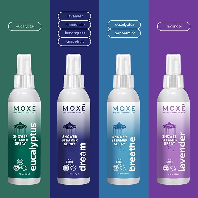 MOXĒ Shower Steamer Spray Variety Pack, 4 Different Scents, 2oz Bottles