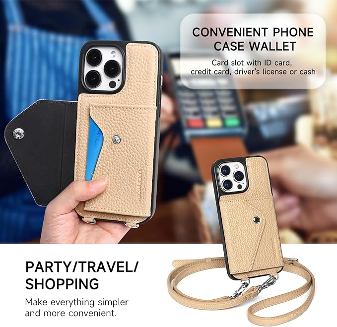 LUCKYCOIN Crossbody Wallet Phone Case for iPhone 14 Pro Max,100% Genuine Leather Wallet Phone Case with Expandable Flip Card Holder,Phone Purse for Women with Adjustable Removable Strap - Pebble Beige