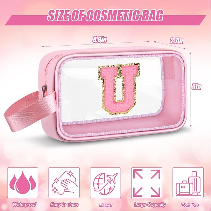 Vodolo Initial Makeup Bag,Letter U Cute Clear Monogrammed Cosmetic Travel Bag for Womens Girls,Personalized Pink Aesthetic Traveling Make Up Organizer Bag for Beach,Waterproof Toiletry Bag