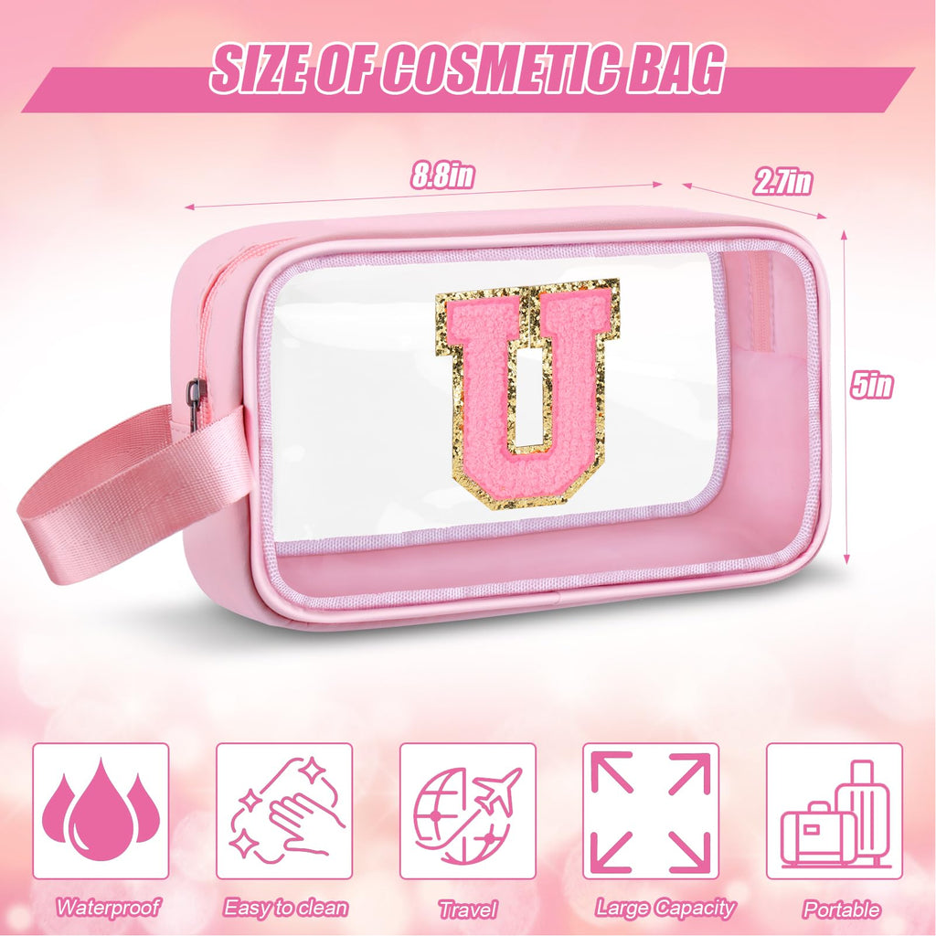 Vodolo Initial Makeup Bag,Letter U Cute Clear Monogrammed Cosmetic Travel Bag for Womens Girls,Personalized Pink Aesthetic Traveling Make Up Organizer Bag for Beach,Waterproof Toiletry Bag