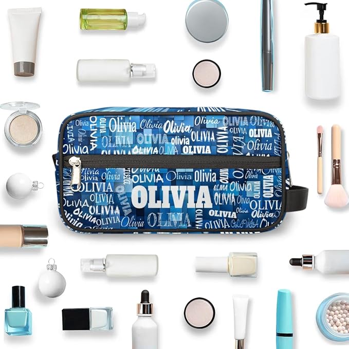 KFNHN Custom Name Makeup Bag Travel Toiletry Bag, Blue Geometric Pattern
