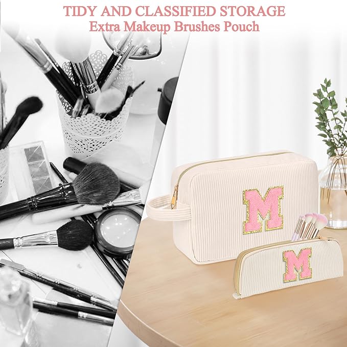 Sernaxi Personalized Initial Makeup Bag Trendy Stuff Corduroy Cosmetic Bag Travel Toiletry Bag, Valentine’s Day Gift Makeup Organizer Case & Makeup Pouch for Women Teen Girls Mom Girlfriend Wife